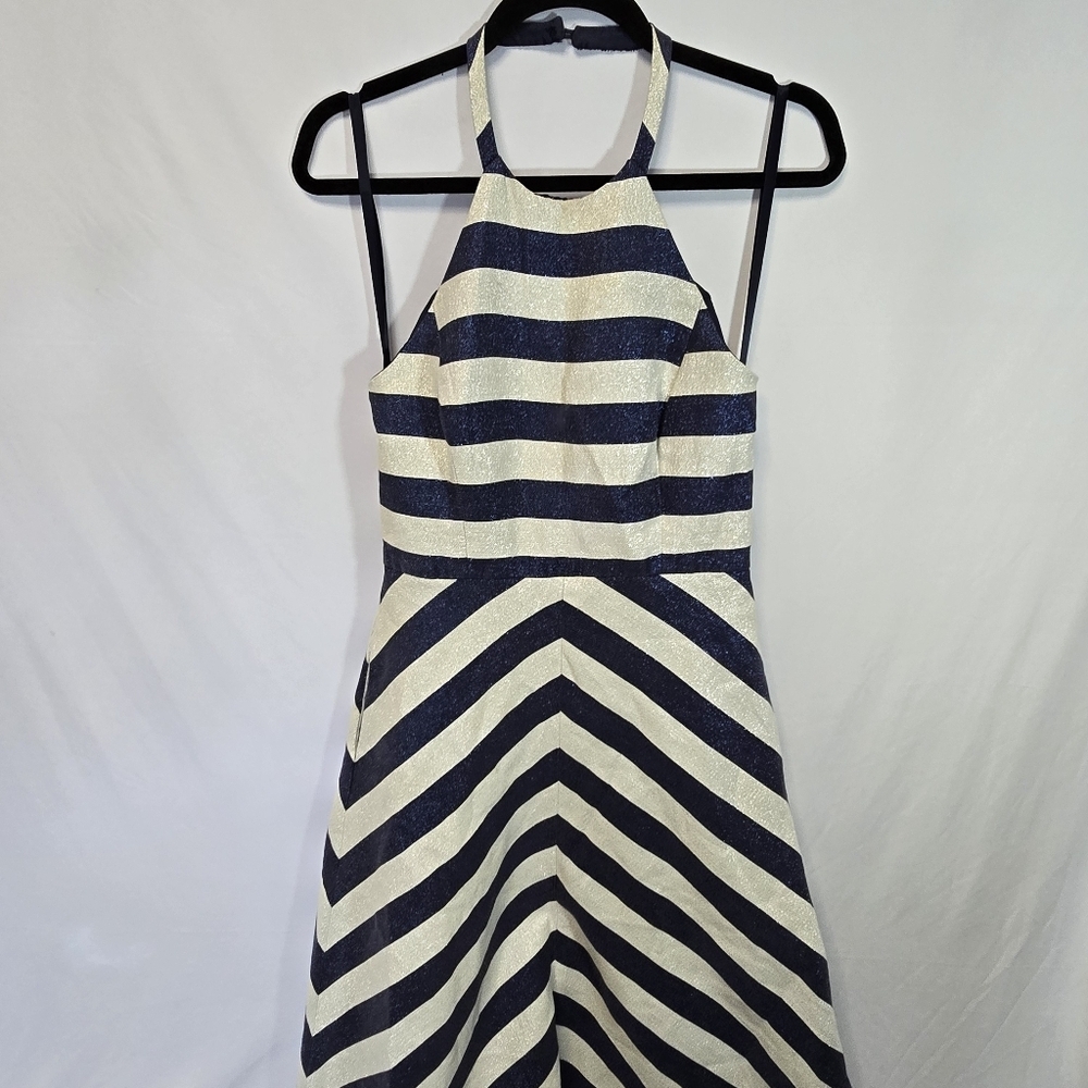 Shoshanna Midnight Metallic Silver Blue Stripe Halter Evening Dress Prom Wedding - Picture 9 of 13